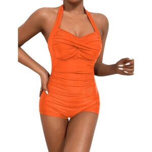 Women's Orange Retro Halter Twist Front One Piece Boy Short Swimsuit Size XL